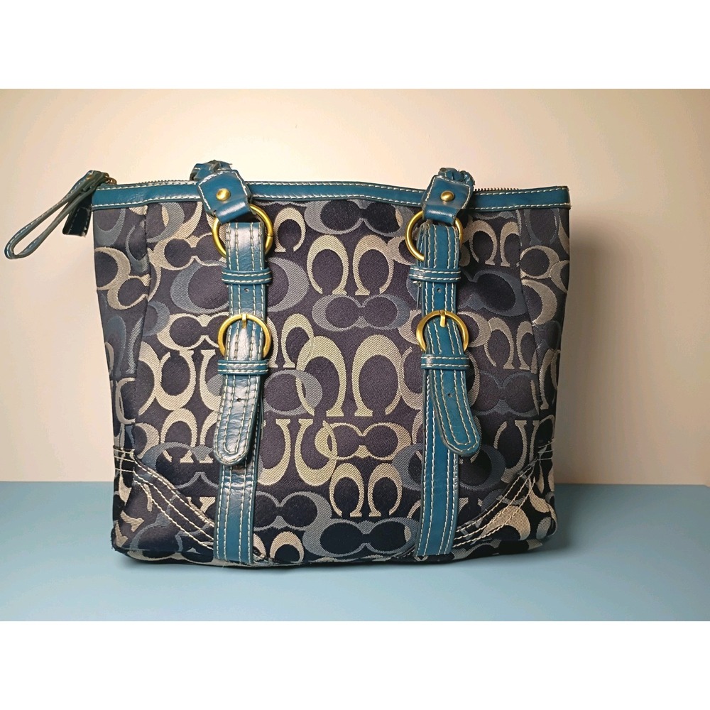 Coach Carly Signature Tote Blue Grey Teal Leather Trim Braided Handles Handbag